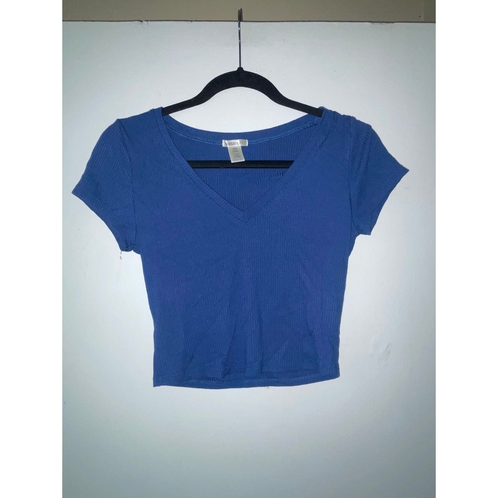 Bozzolo Womens Blue Ribbed V-Neck Short Sleeve Crop Top Shirt Large RT52610 Y2K